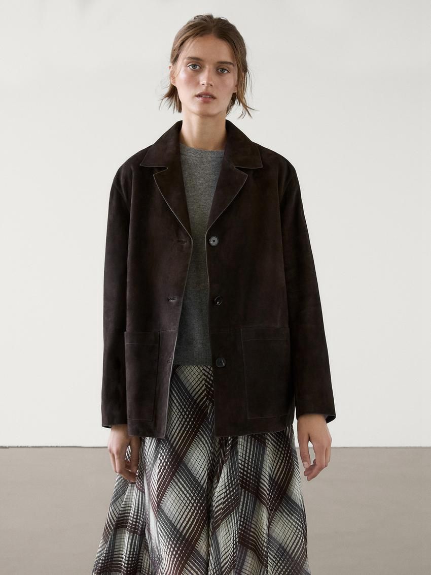 Massimo Dutti Suede Leather With Pockets Women Blazer Dark Brown | US-OE8139046
