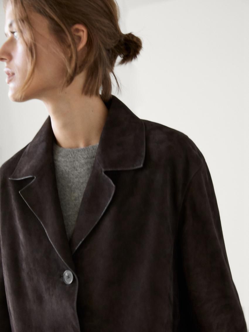 Massimo Dutti Suede Leather With Pockets Women Blazer Dark Brown | US-OE8139046
