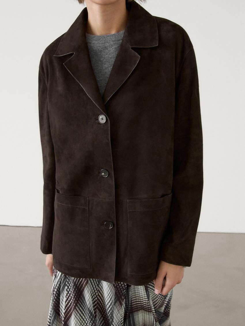 Massimo Dutti Suede Leather With Pockets Women Blazer Dark Brown | US-OE8139046