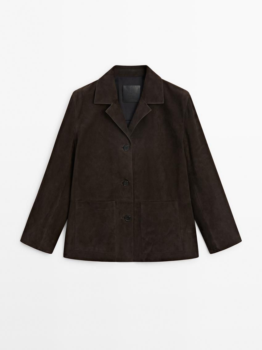 Massimo Dutti Suede Leather With Pockets Women Blazer Dark Brown | US-OE8139046
