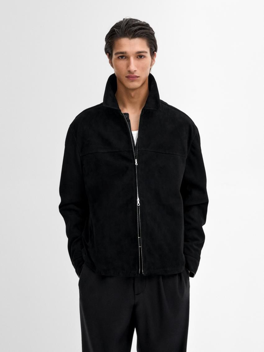 Massimo Dutti Suede Men Leather Jacket Black | US-DH1592046