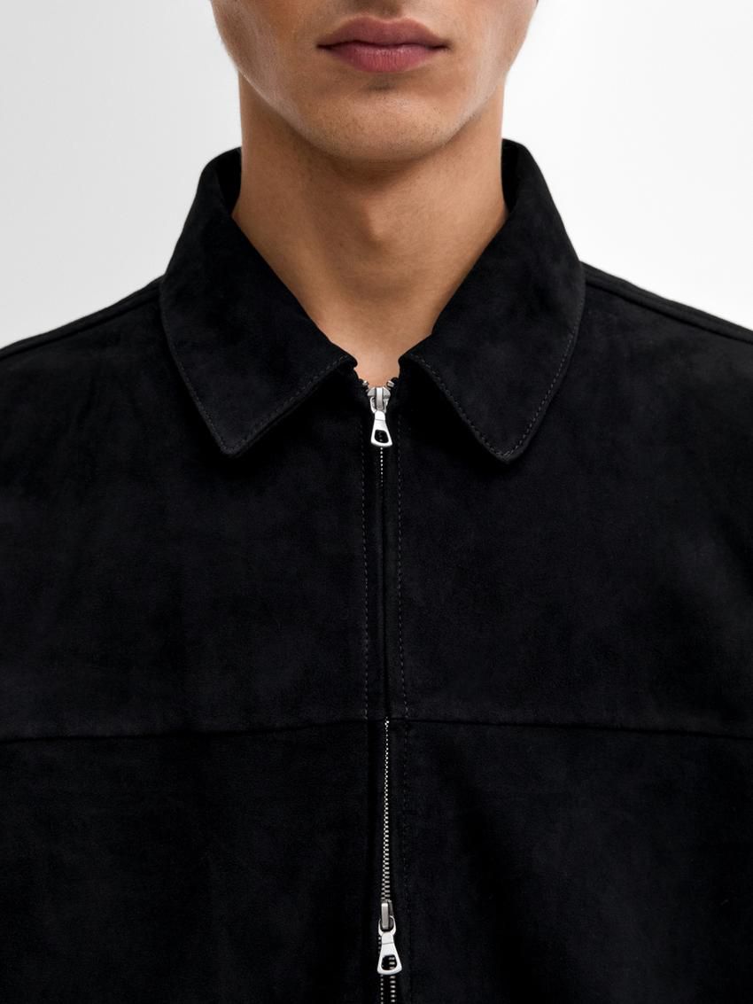 Massimo Dutti Suede Men Leather Jacket Black | US-DH1592046