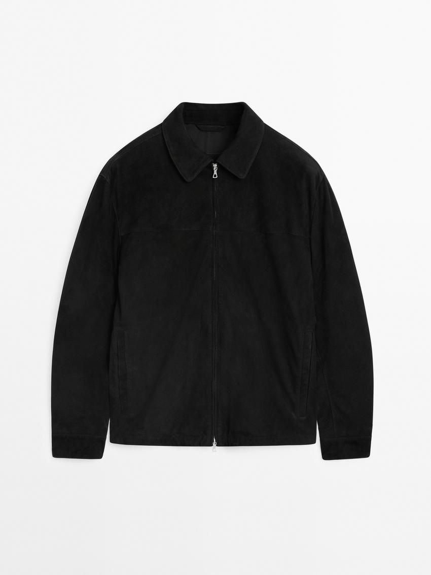 Massimo Dutti Suede Men Leather Jacket Black | US-CU7832164