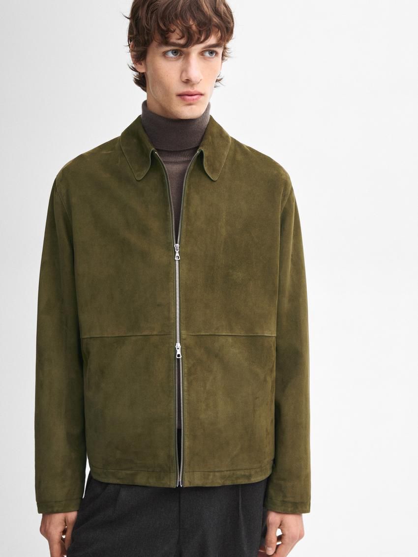 Massimo Dutti Suede Men Leather Jacket Khaki | US-NW1358407