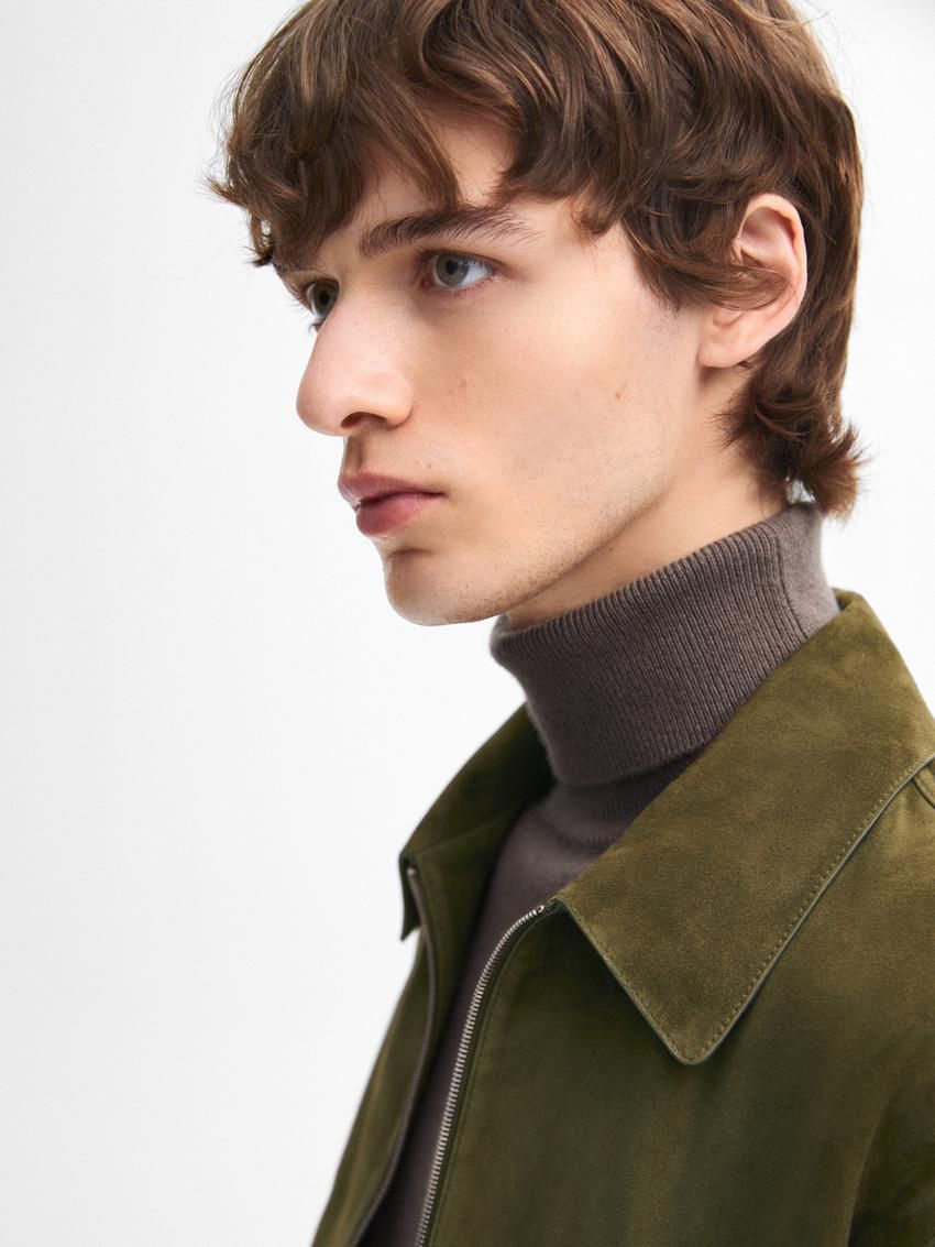 Massimo Dutti Suede Men Leather Jacket Khaki | US-NW1358407