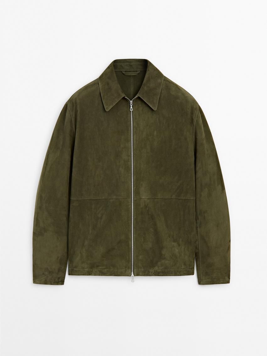 Massimo Dutti Suede Men Leather Jacket Khaki | US-NW1358407