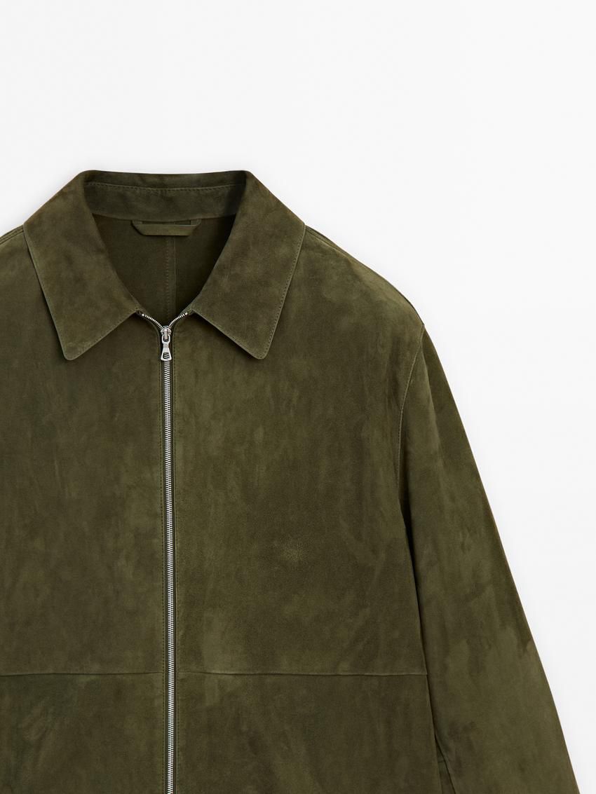 Massimo Dutti Suede Men Leather Jacket Khaki | US-NW1358407