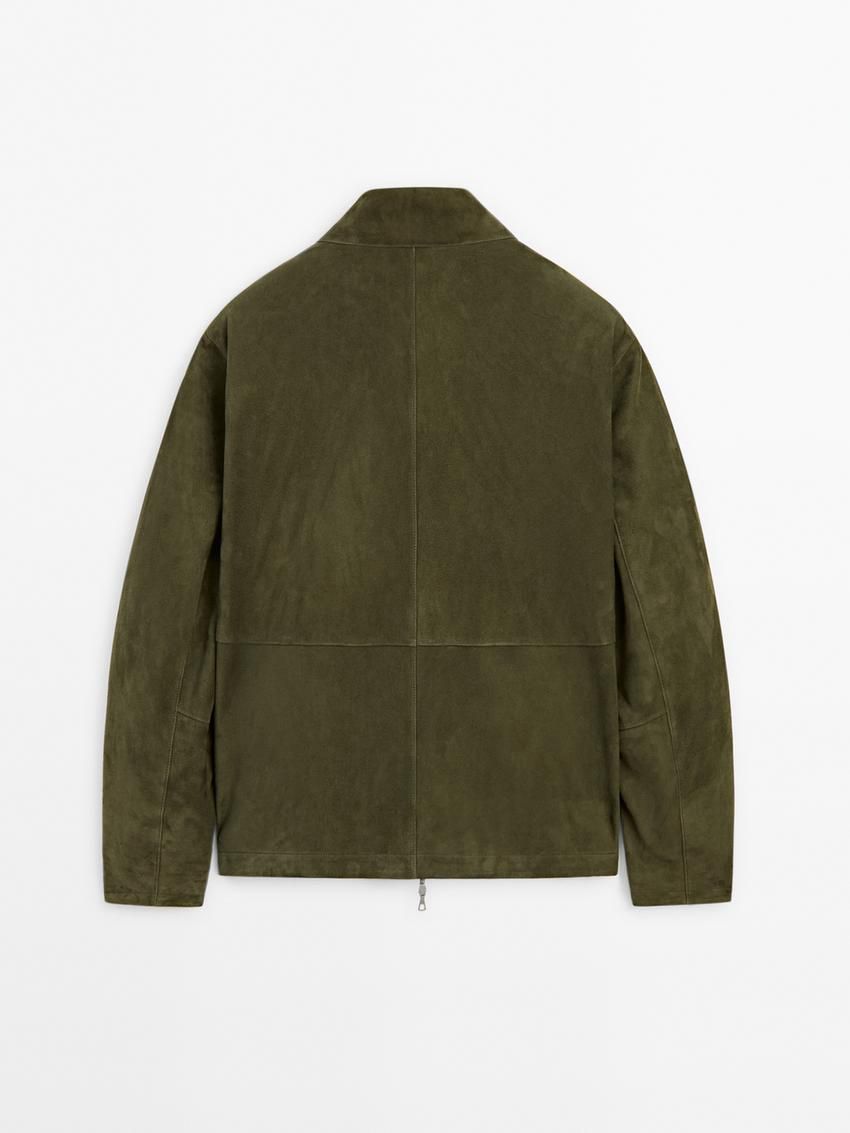 Massimo Dutti Suede Men Leather Jacket Khaki | US-NW1358407