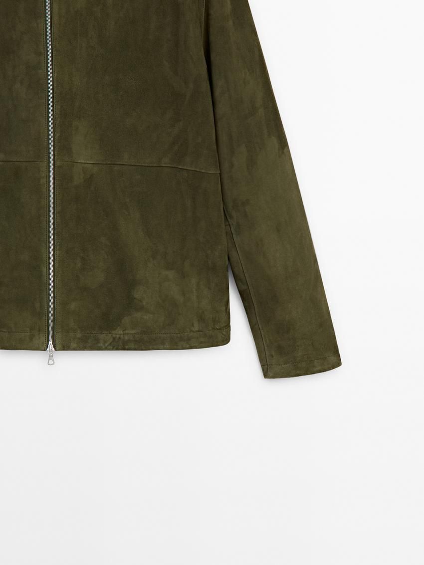 Massimo Dutti Suede Men Leather Jacket Khaki | US-NW1358407