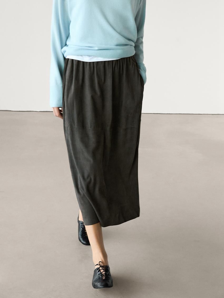 Massimo Dutti Suede Midi Co-ord Women Leather Skirt Black | US-JA2834976