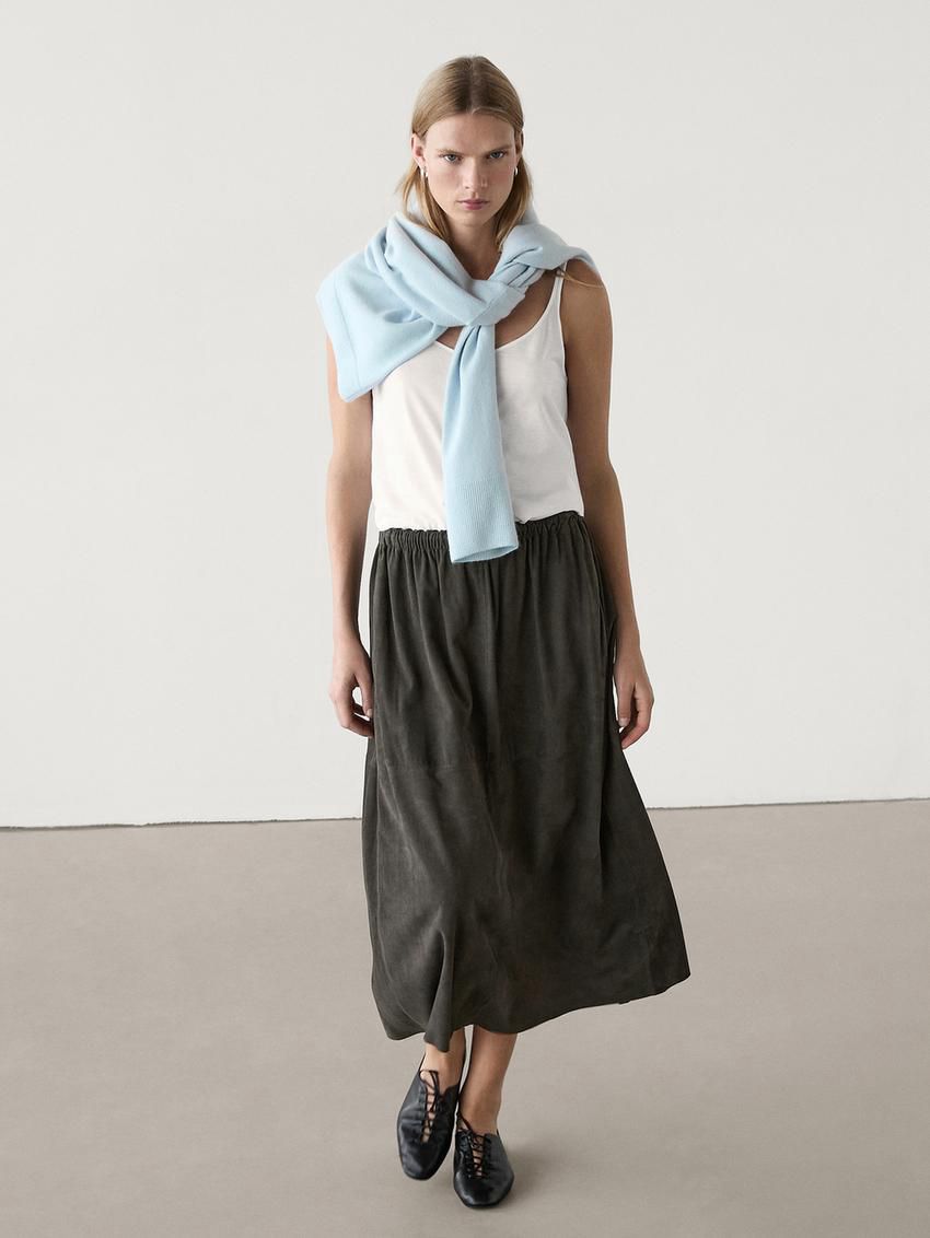 Massimo Dutti Suede Midi Co-ord Women Leather Skirt Black | US-JA2834976