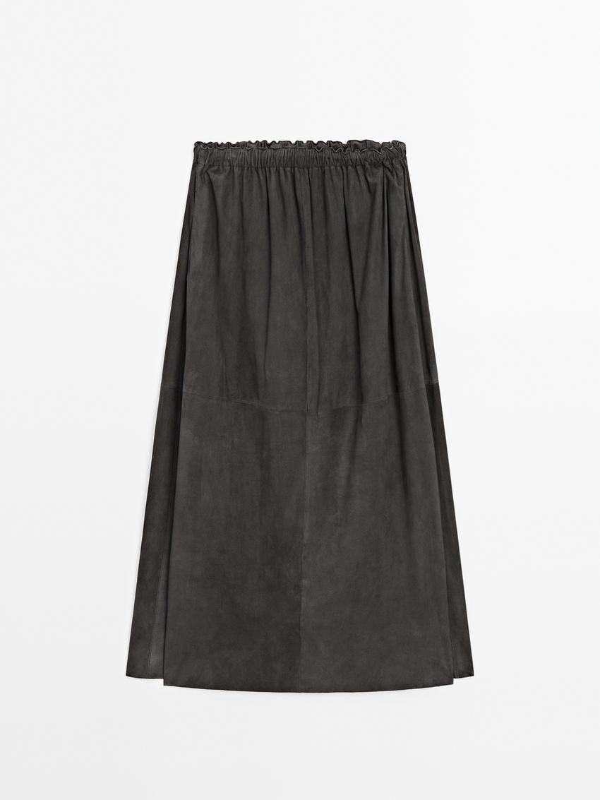 Massimo Dutti Suede Midi Co-ord Women Leather Skirt Black | US-JA2834976