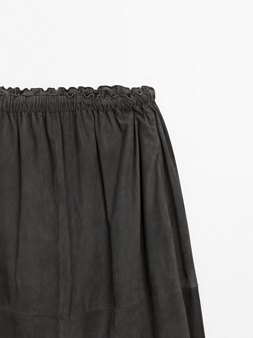 Massimo Dutti Suede Midi Co-ord Women Leather Skirt Black | US-JA2834976