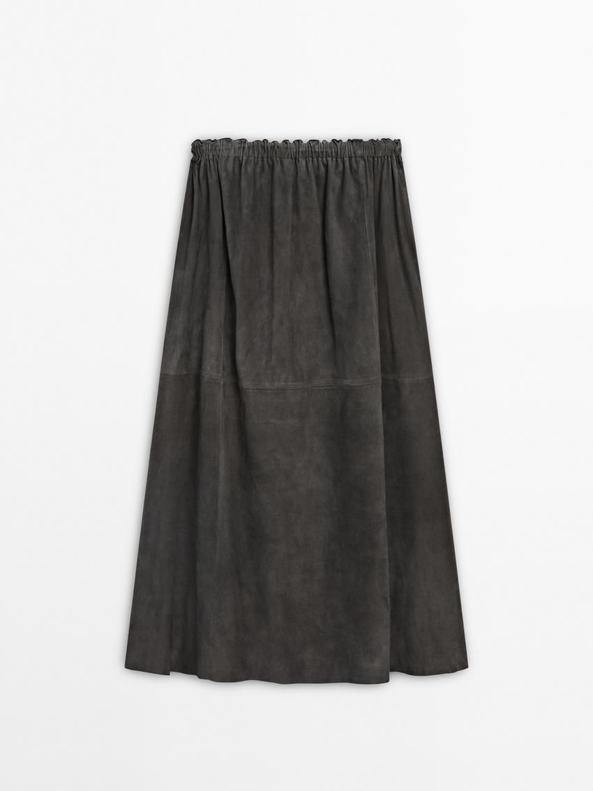 Massimo Dutti Suede Midi Co-ord Women Leather Skirt Black | US-JA2834976
