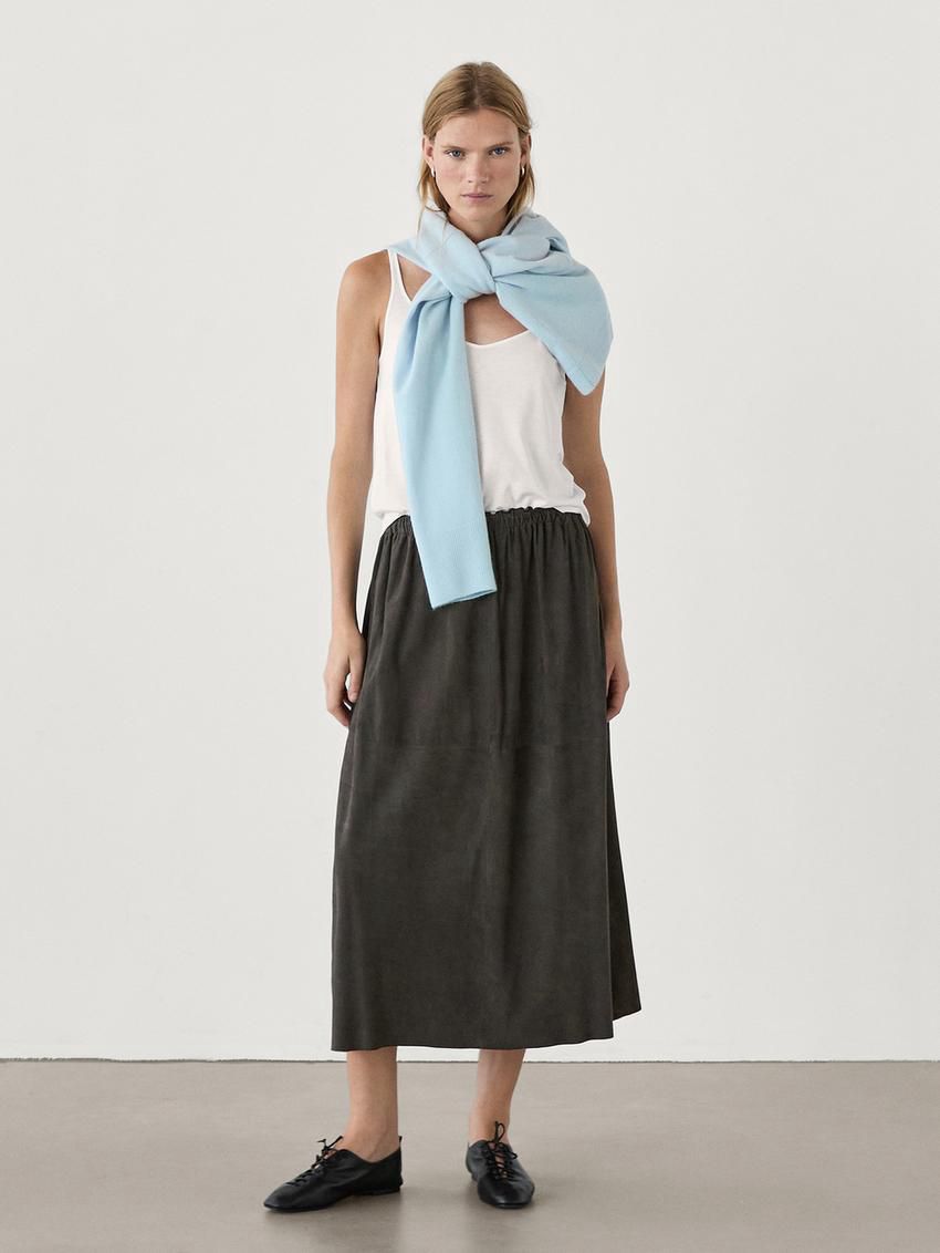 Massimo Dutti Suede Midi Co-ord Women Leather Skirt Black | US-JA2834976
