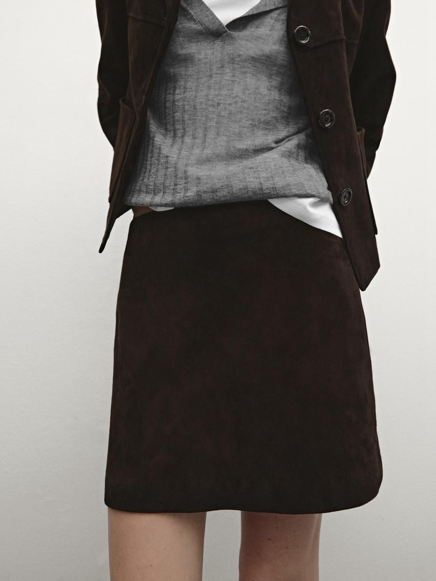 Massimo Dutti Suede Midi Women Leather Skirt Dark Brown | US-ZG1753289