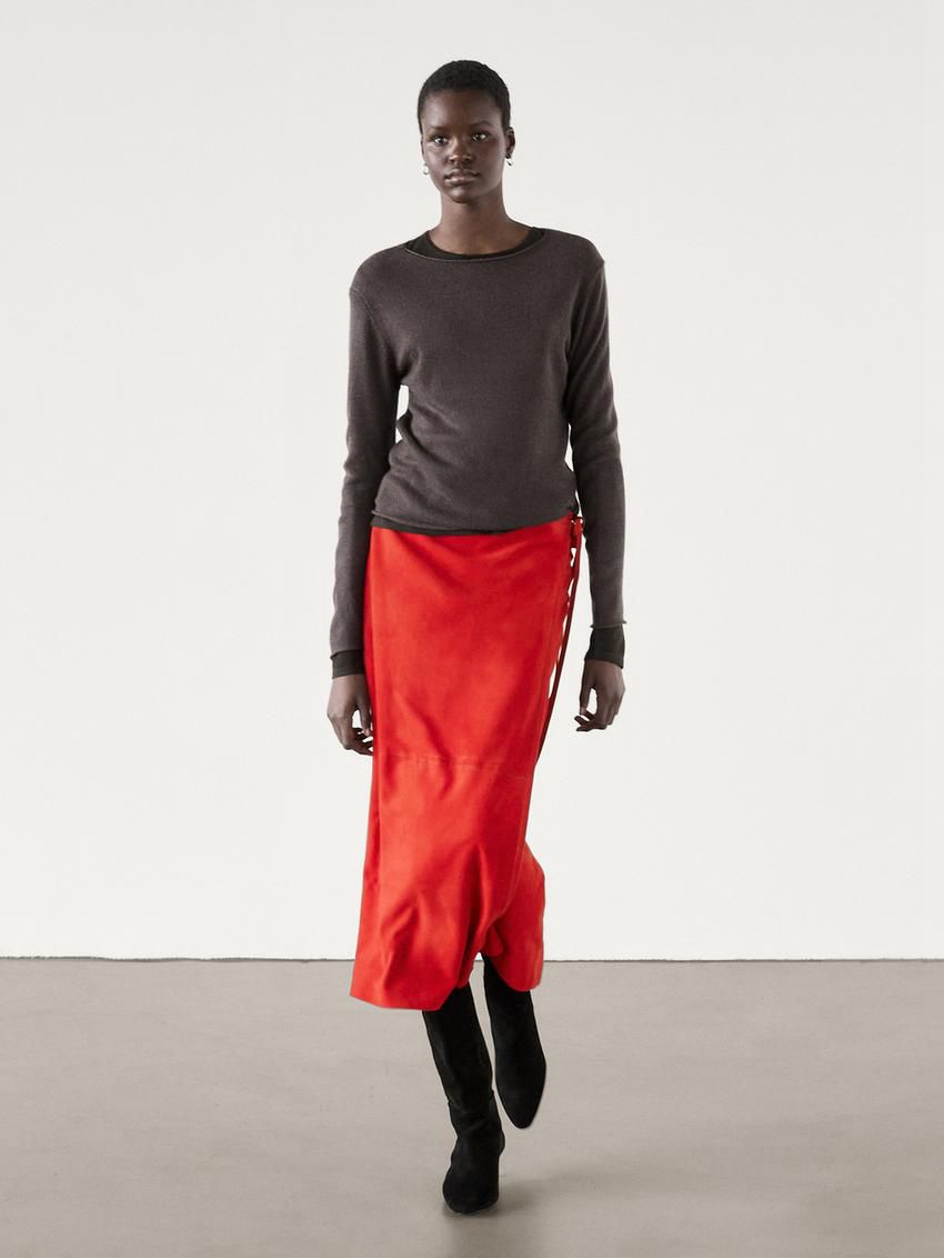Massimo Dutti Suede Pareo Women Leather Skirt Red | US-VD5021348
