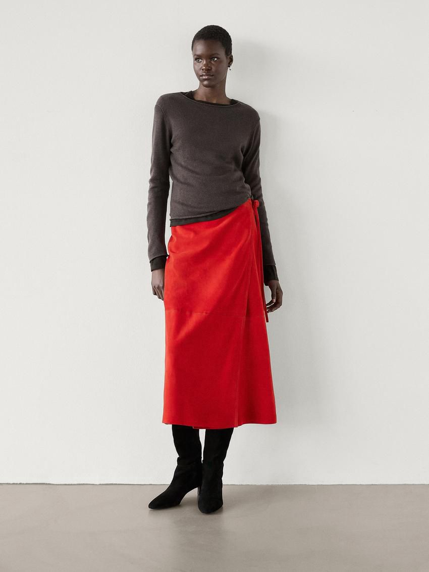 Massimo Dutti Suede Pareo Women Leather Skirt Red | US-VD5021348