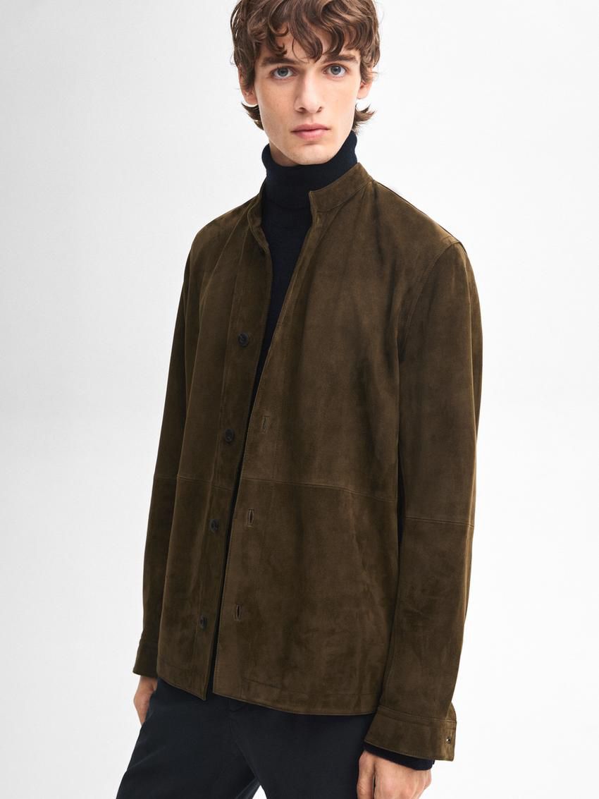 Massimo Dutti Suede Stand Collar Shirt Men Leather Jacket Dark Olive | US-QA9584036