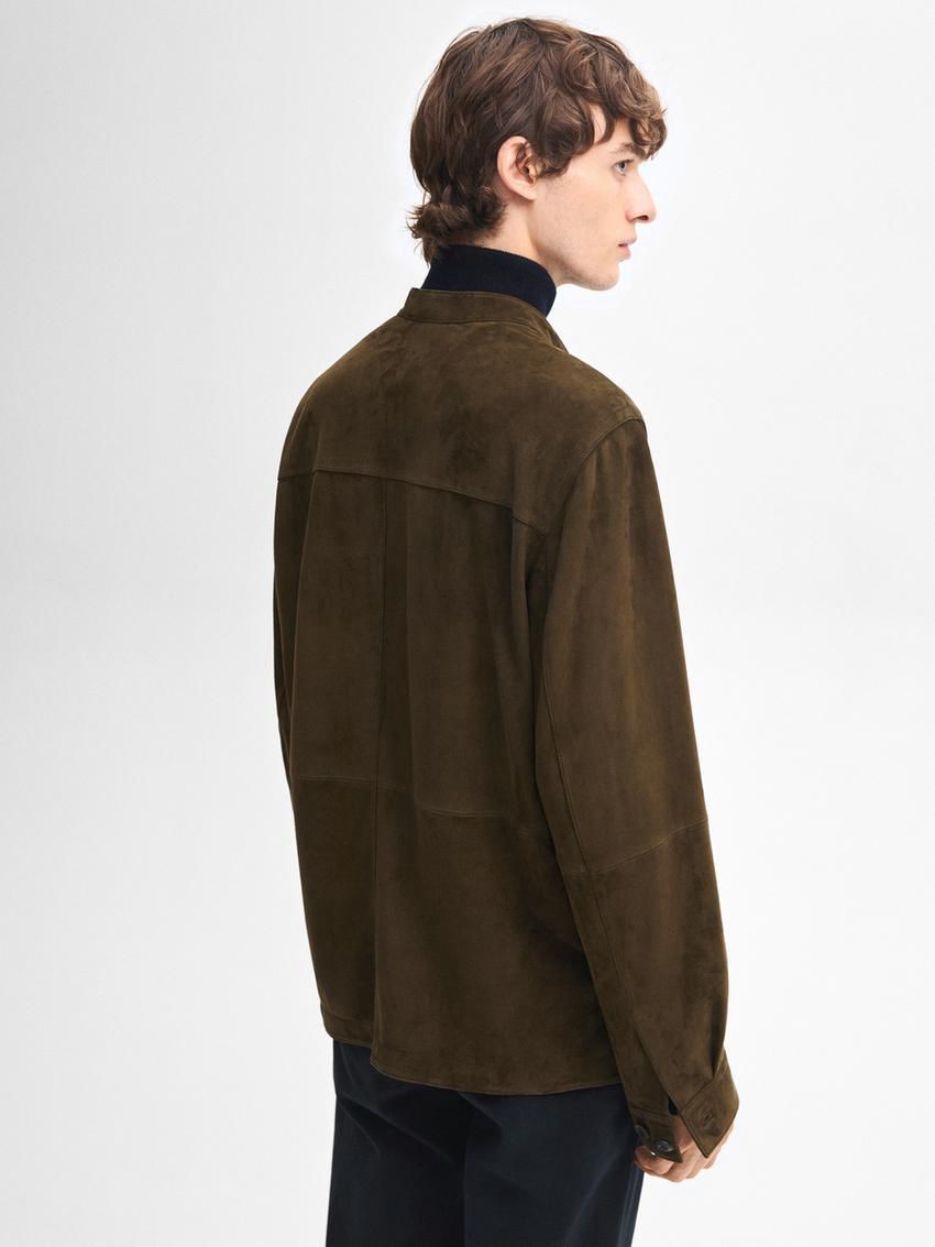 Massimo Dutti Suede Stand Collar Shirt Men Leather Jacket Dark Olive | US-QA9584036