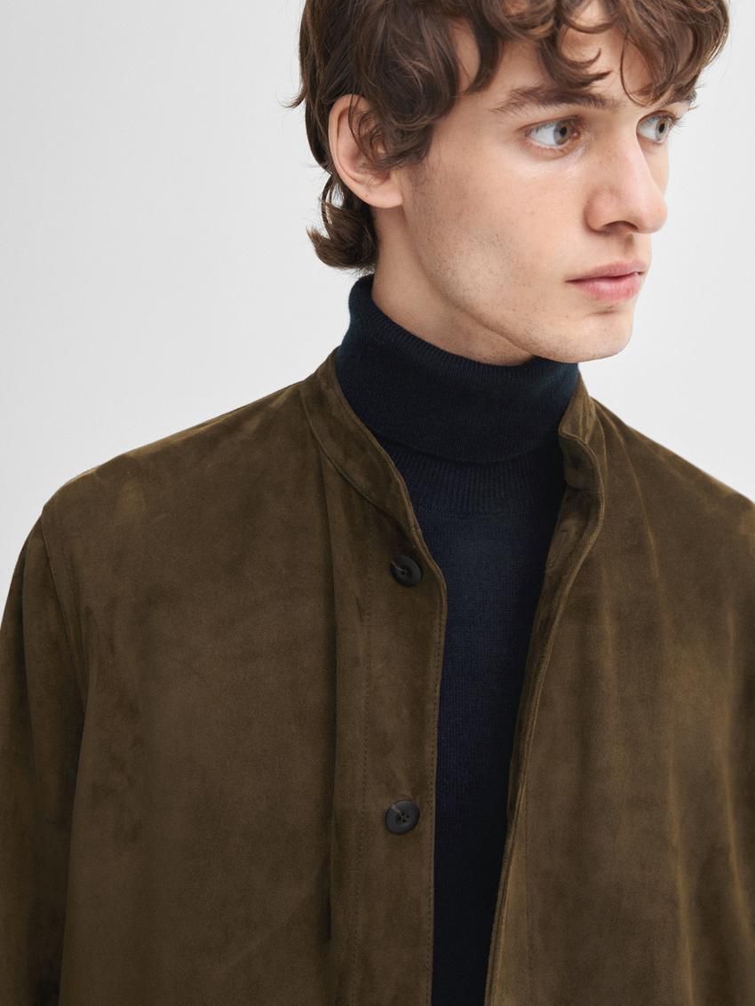 Massimo Dutti Suede Stand Collar Shirt Men Leather Jacket Dark Olive | US-QA9584036