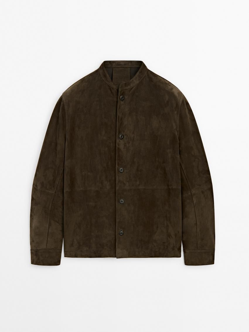 Massimo Dutti Suede Stand Collar Shirt Men Leather Jacket Dark Olive | US-QA9584036