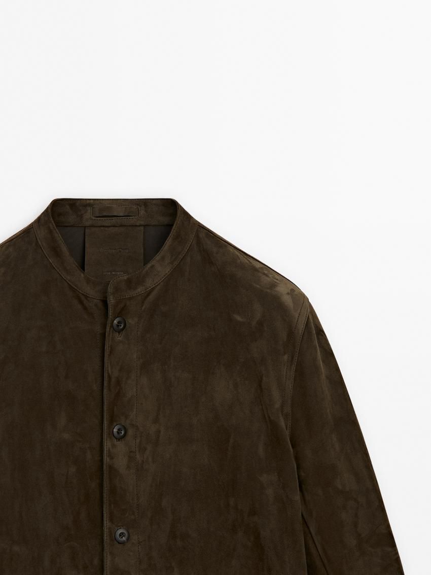 Massimo Dutti Suede Stand Collar Shirt Men Leather Jacket Dark Olive | US-QA9584036