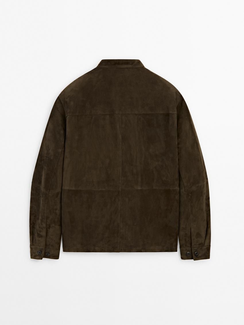 Massimo Dutti Suede Stand Collar Shirt Men Leather Jacket Dark Olive | US-QA9584036