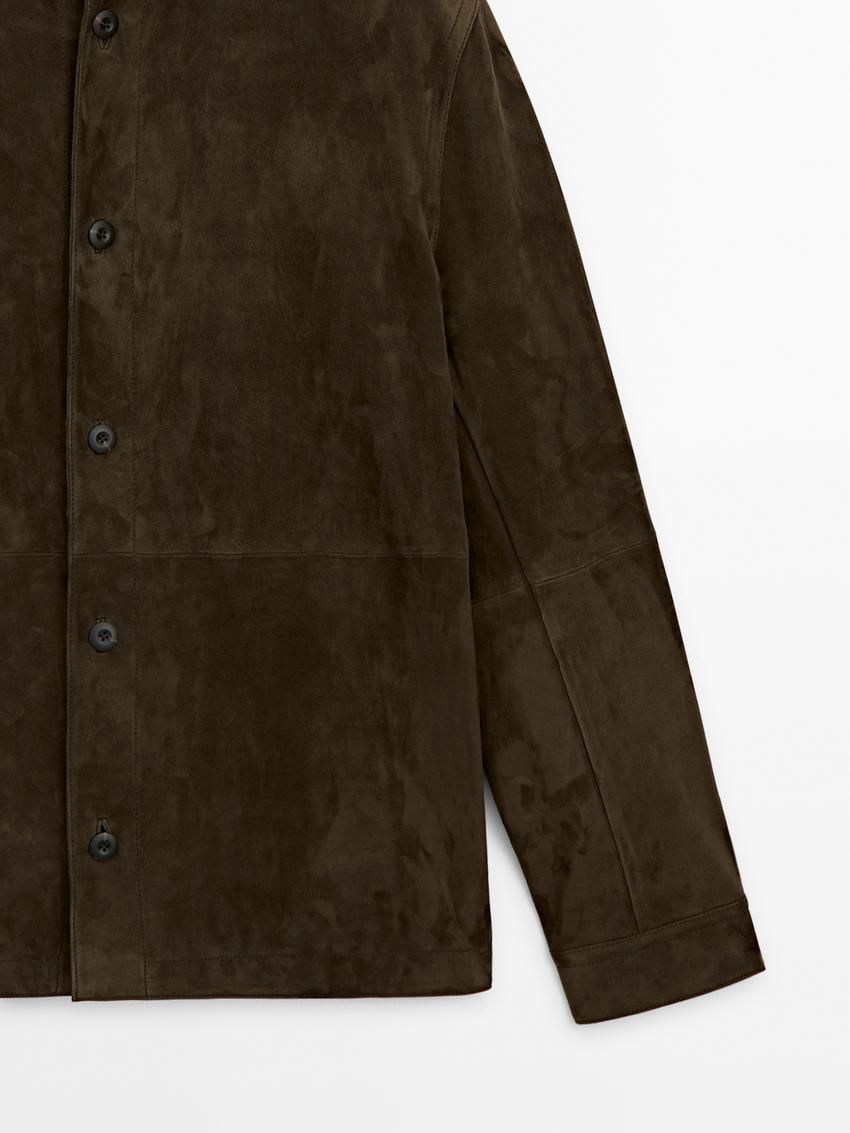 Massimo Dutti Suede Stand Collar Shirt Men Leather Jacket Dark Olive | US-QA9584036