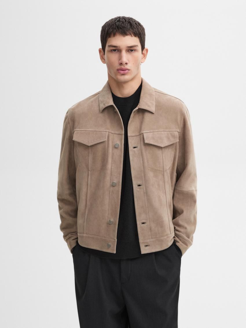 Massimo Dutti Suede With Buttons Men Leather Jacket Brown Beige | US-TJ4516890