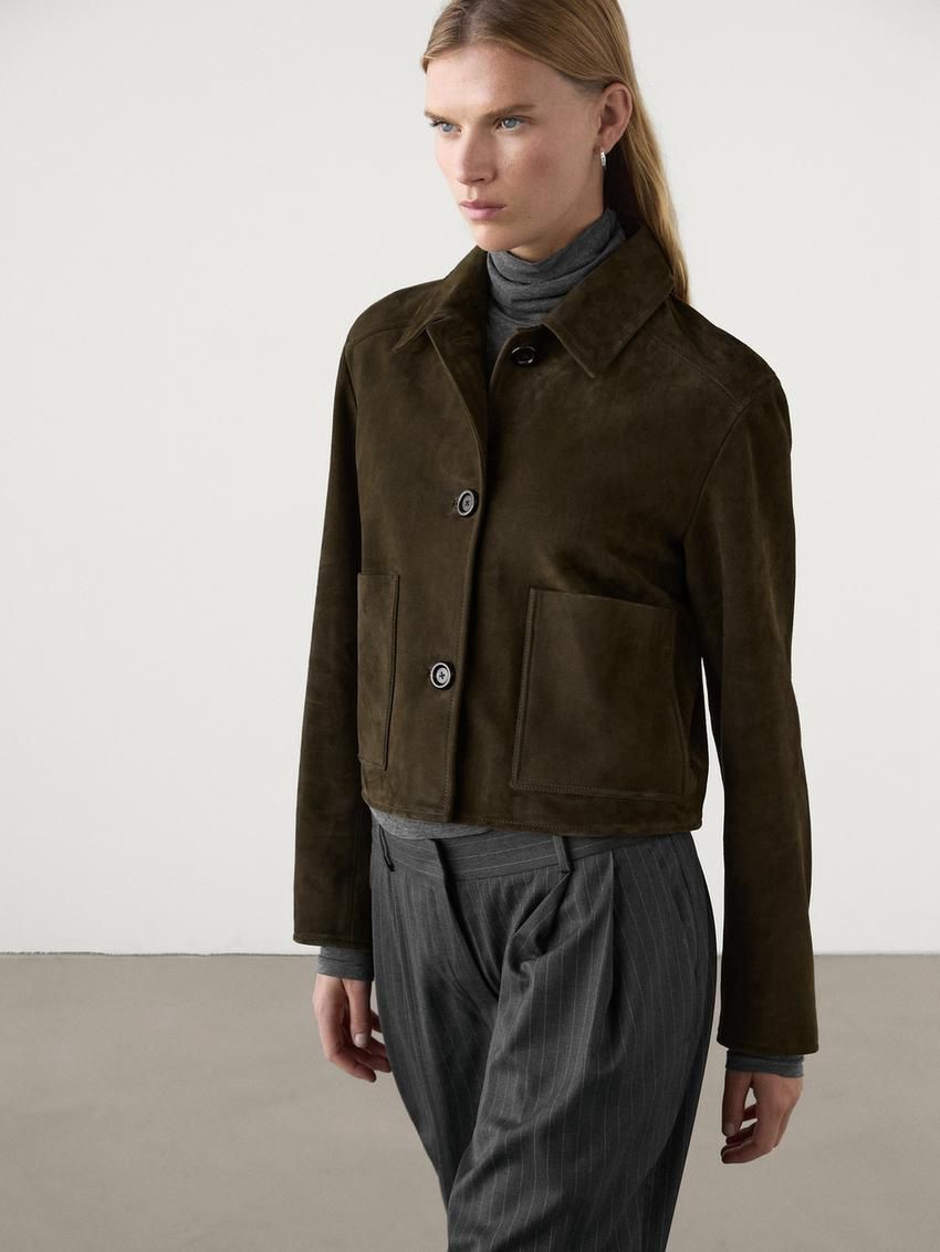 Massimo Dutti Suede With Buttons Women Jacket Dark Olive | US-QC0378265