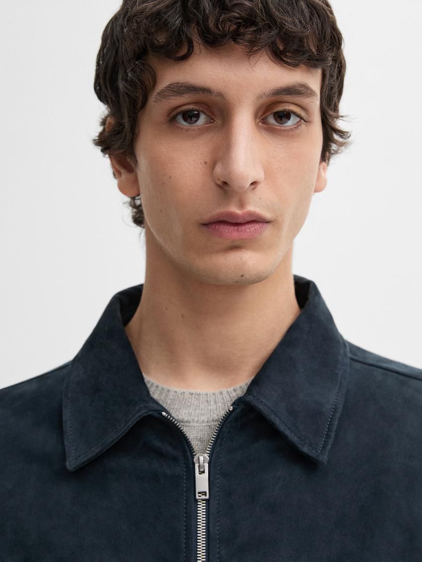 Massimo Dutti Suede With Faded Detail Men Leather Jacket Blue | US-LN2169754