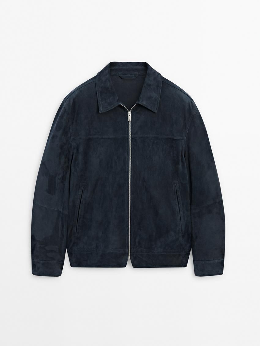 Massimo Dutti Suede With Faded Detail Men Leather Jacket Blue | US-LN2169754