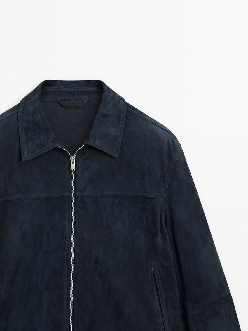 Massimo Dutti Suede With Faded Detail Men Leather Jacket Blue | US-LN2169754