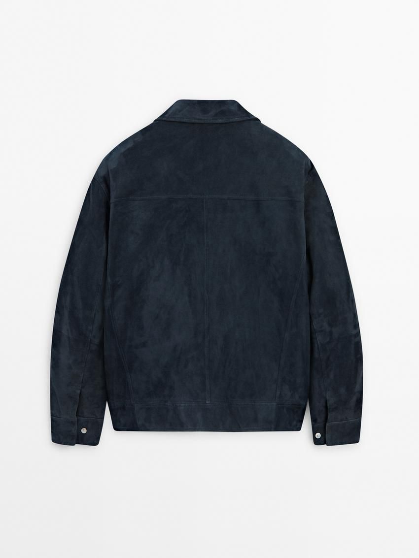 Massimo Dutti Suede With Faded Detail Men Leather Jacket Blue | US-LN2169754