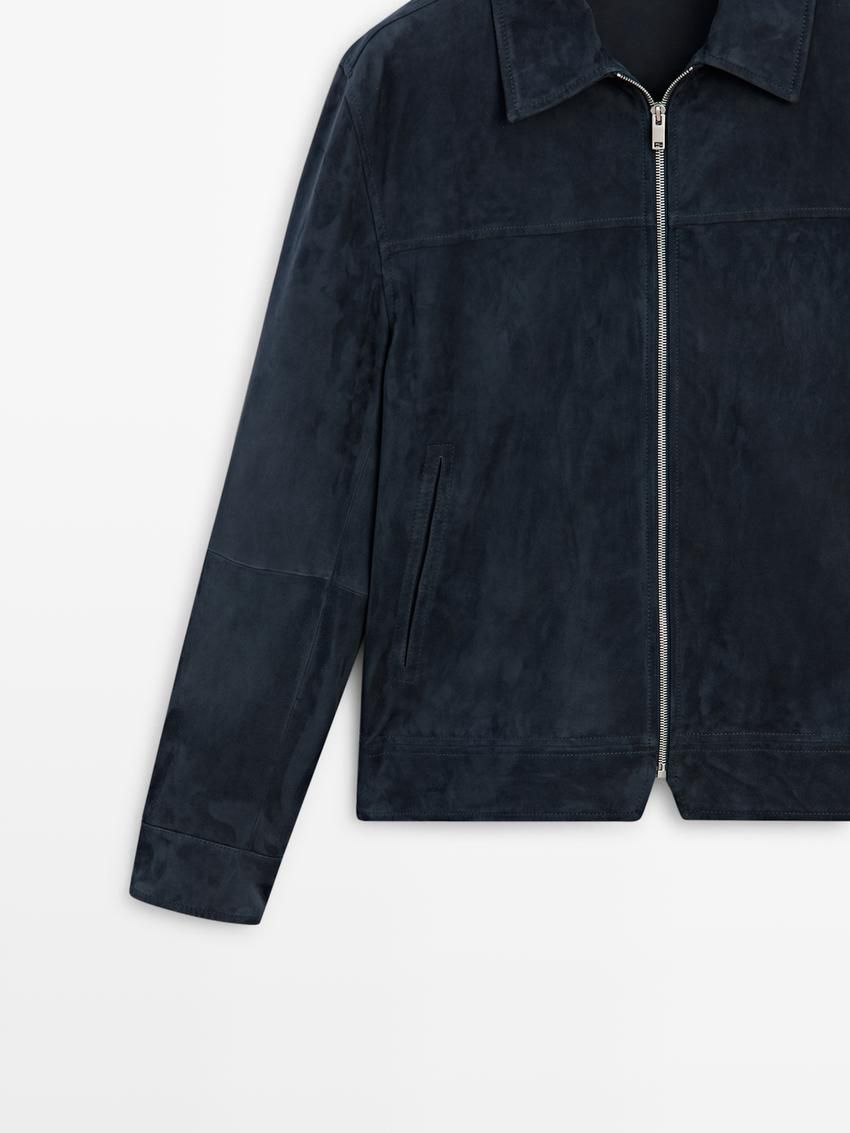 Massimo Dutti Suede With Faded Detail Men Leather Jacket Blue | US-LN2169754
