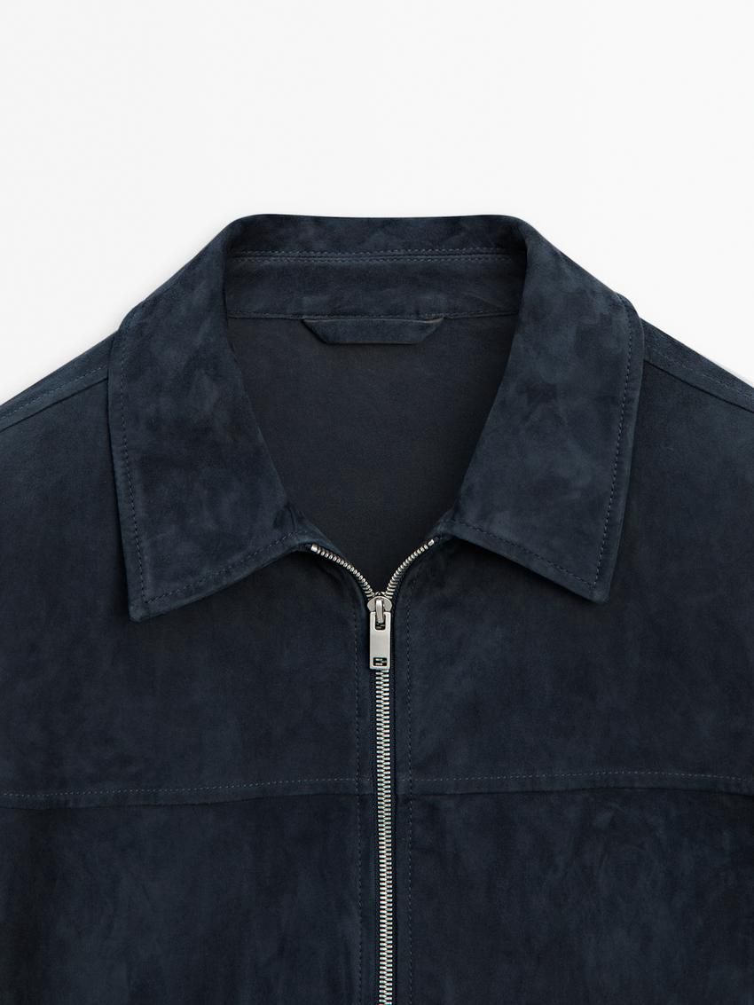 Massimo Dutti Suede With Faded Detail Men Leather Jacket Blue | US-LN2169754