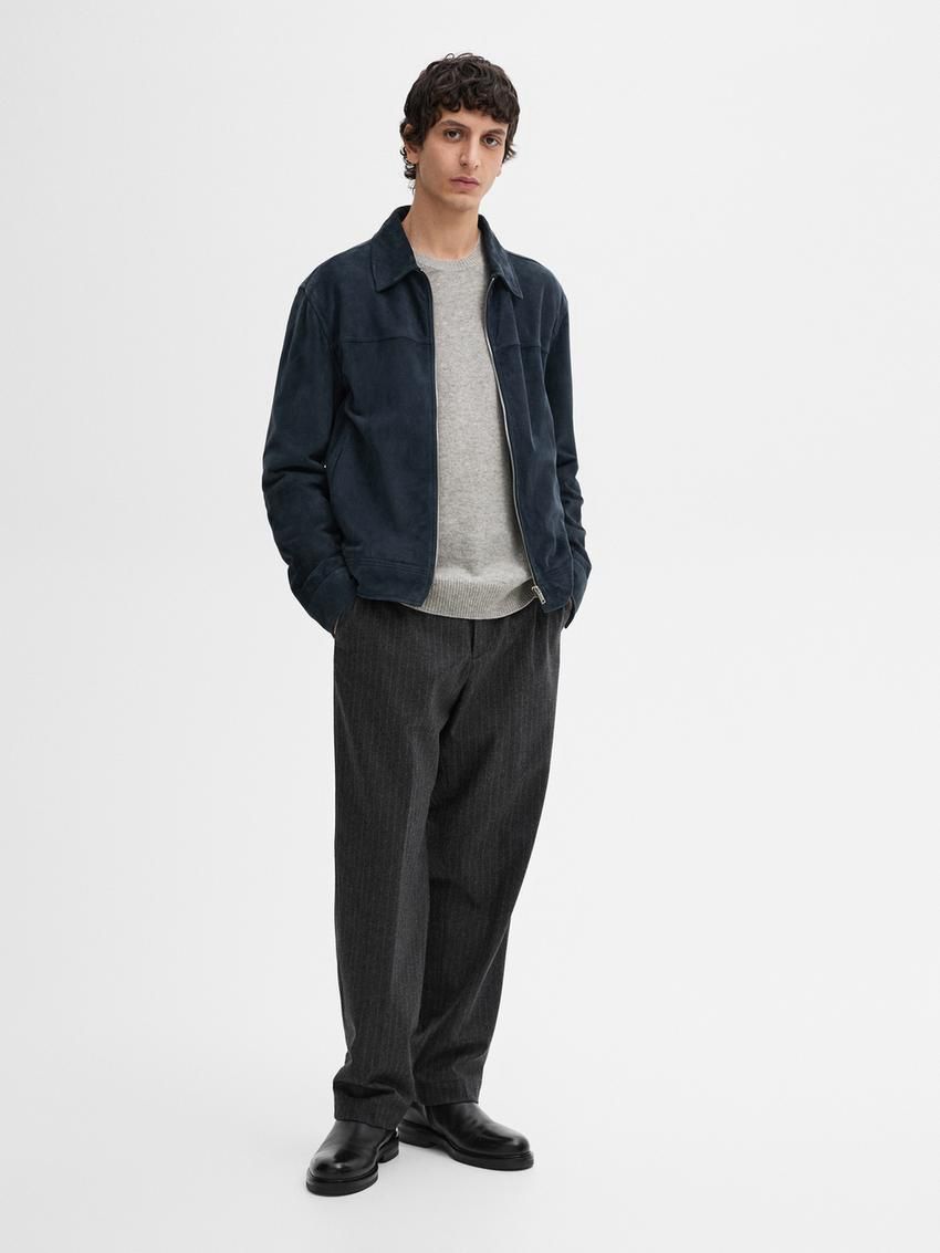 Massimo Dutti Suede With Faded Detail Men Leather Jacket Blue | US-LN2169754