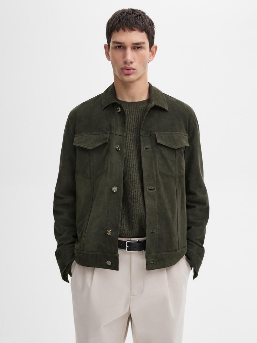 Massimo Dutti Suede With Flap Pockets Men Leather Jacket Dark Green | US-NB5681094