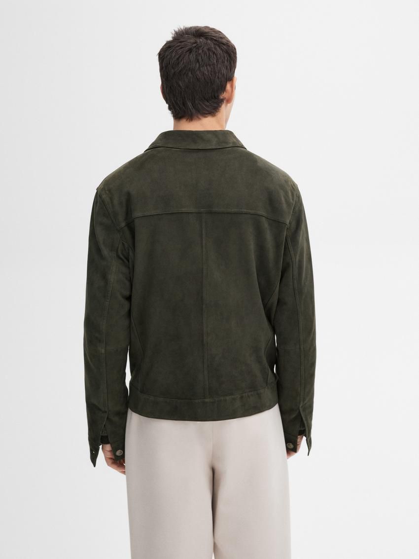 Massimo Dutti Suede With Flap Pockets Men Leather Jacket Dark Green | US-NB5681094