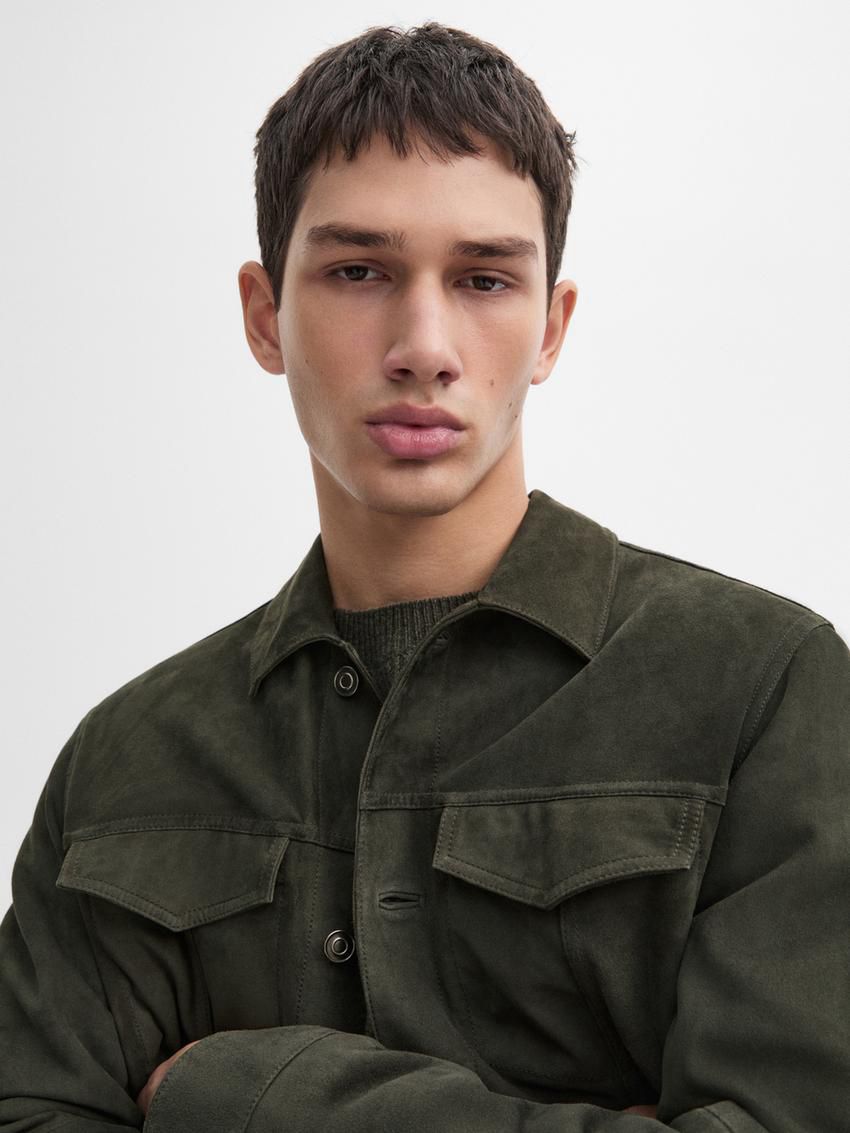 Massimo Dutti Suede With Flap Pockets Men Leather Jacket Dark Green | US-NB5681094