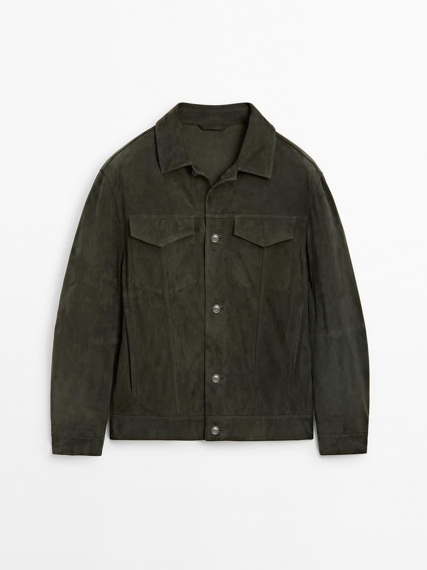 Massimo Dutti Suede With Flap Pockets Men Leather Jacket Dark Green | US-NB5681094