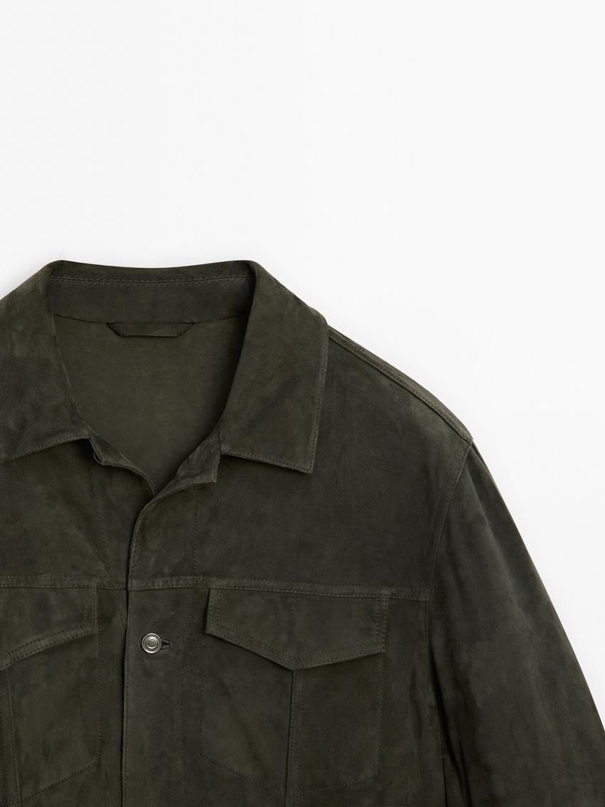 Massimo Dutti Suede With Flap Pockets Men Leather Jacket Dark Green | US-NB5681094