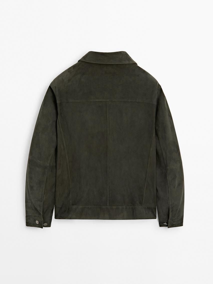 Massimo Dutti Suede With Flap Pockets Men Leather Jacket Dark Green | US-NB5681094