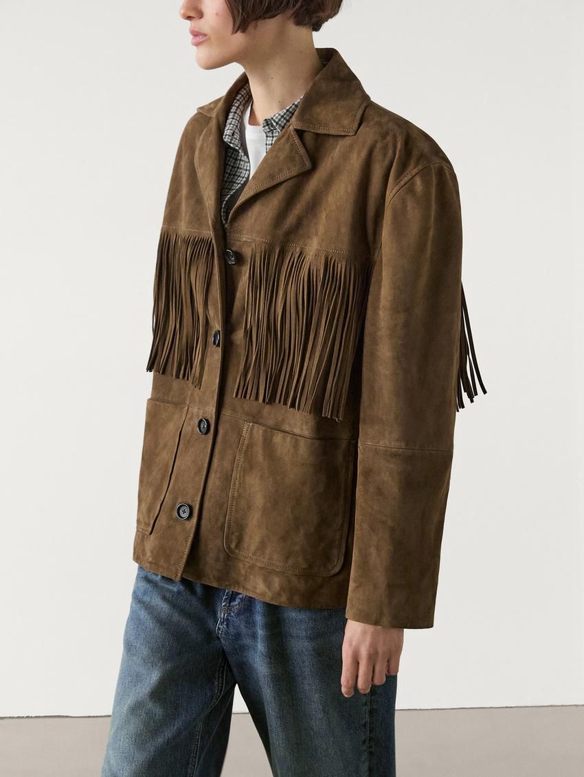 Massimo Dutti Suede With Fringing Women Leather Jacket Dark Brown | US-AD9647280