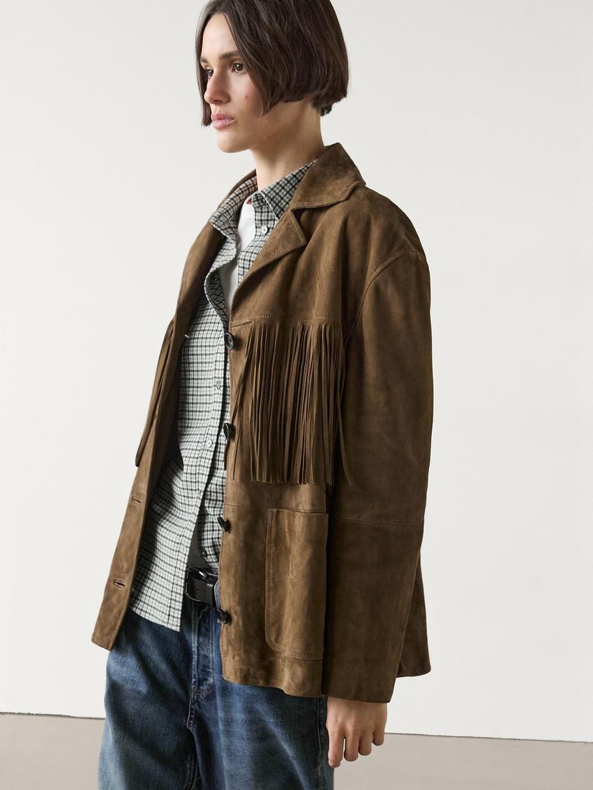 Massimo Dutti Suede With Fringing Women Leather Jacket Dark Brown | US-AD9647280