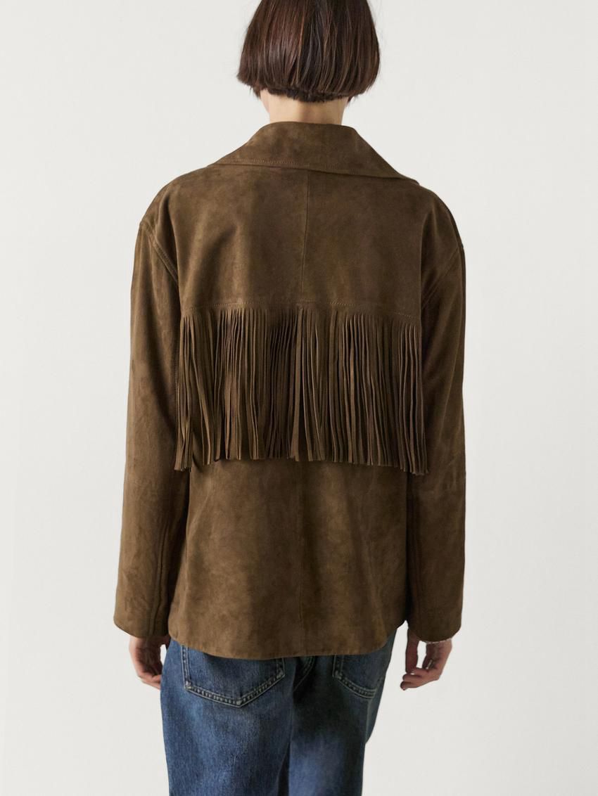 Massimo Dutti Suede With Fringing Women Leather Jacket Dark Brown | US-AD9647280
