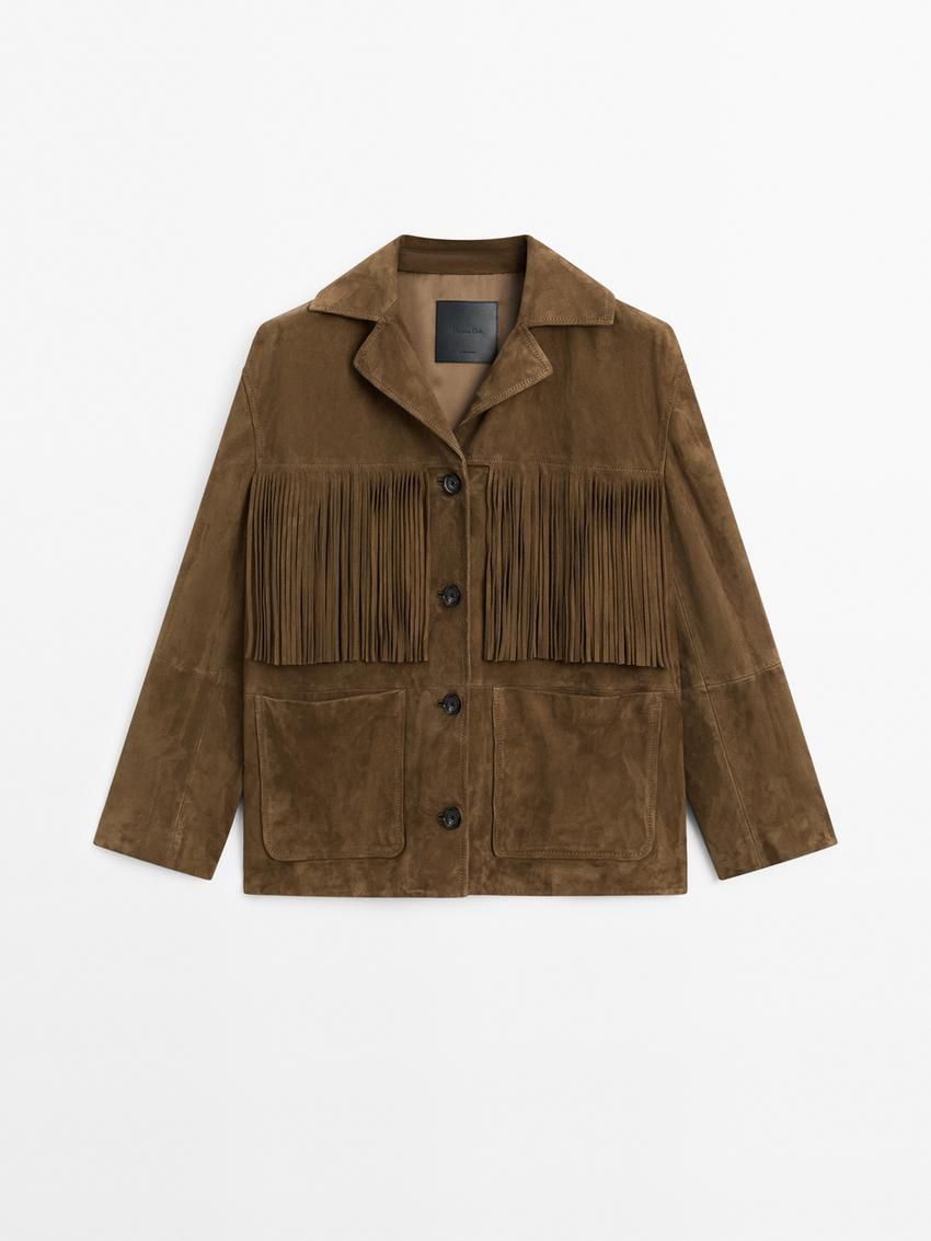 Massimo Dutti Suede With Fringing Women Leather Jacket Dark Brown | US-AD9647280