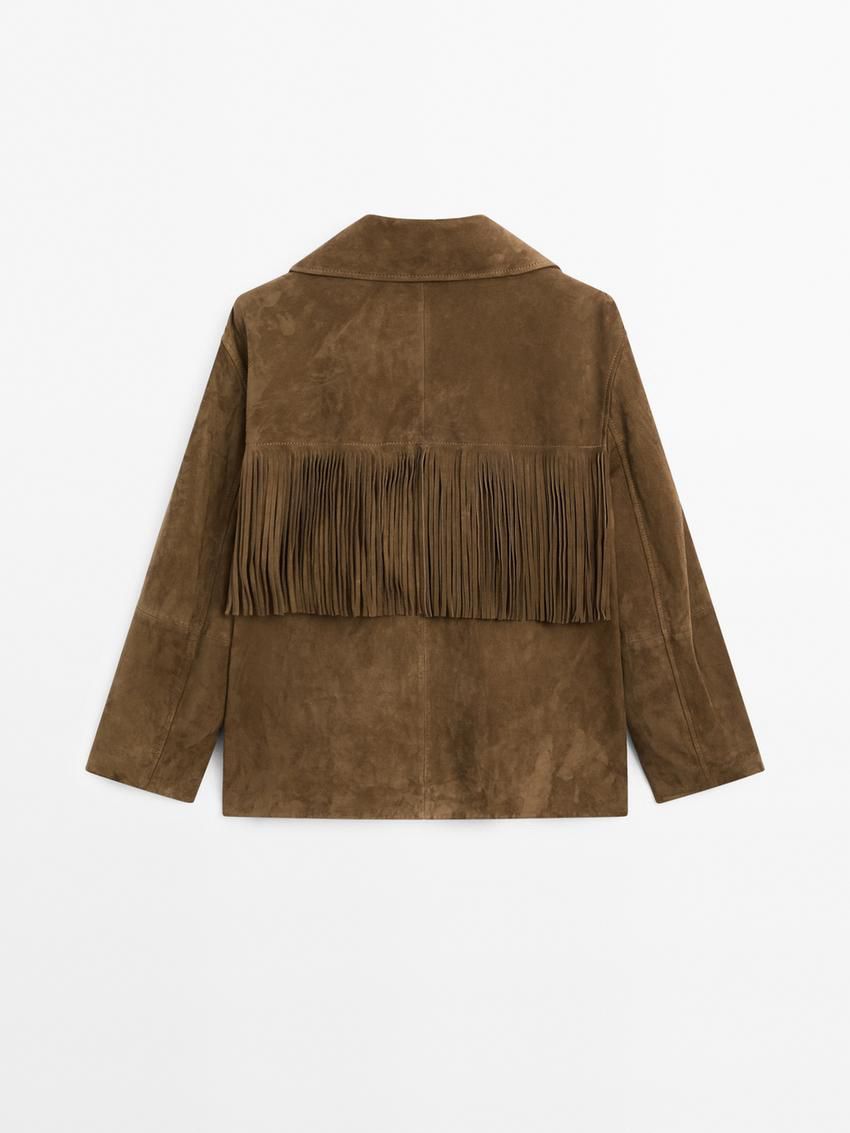 Massimo Dutti Suede With Fringing Women Leather Jacket Dark Brown | US-AD9647280
