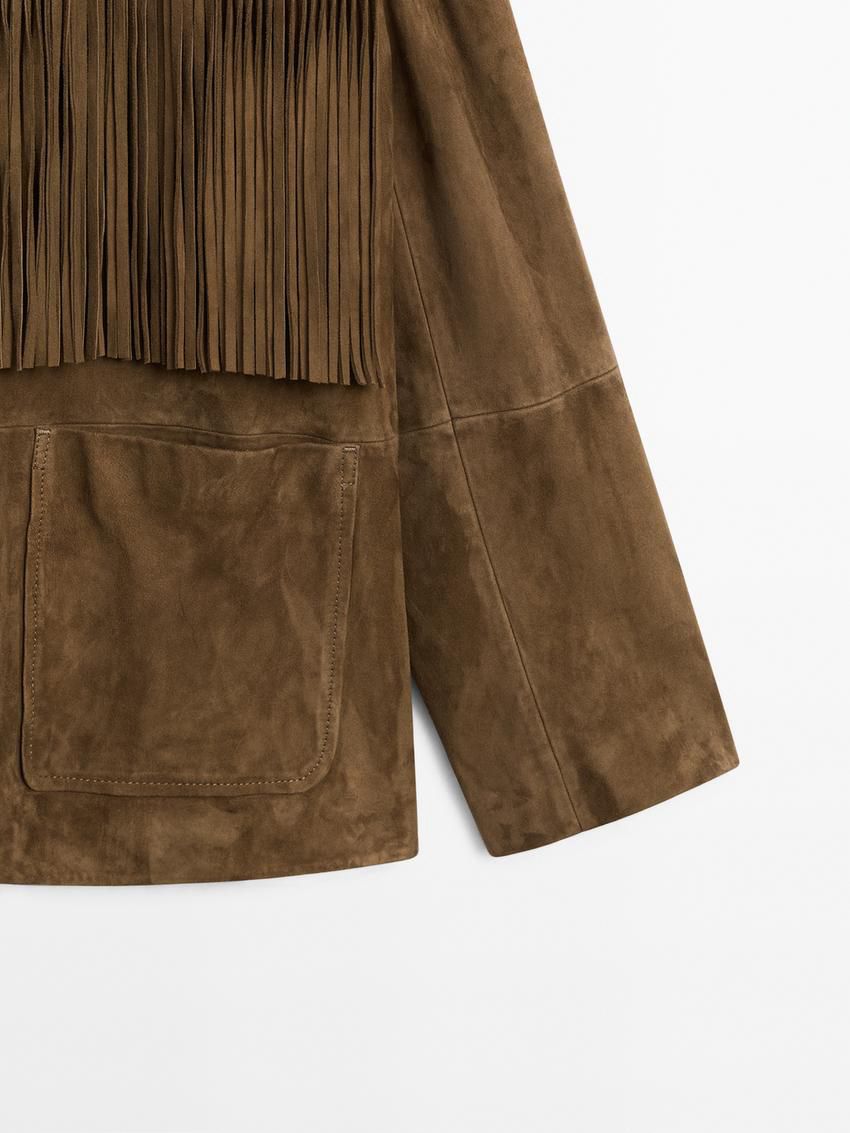 Massimo Dutti Suede With Fringing Women Leather Jacket Dark Brown | US-AD9647280